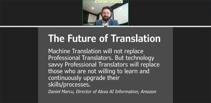 Adam Wooten yn annerch cynhadledd ar-lein y CIOL